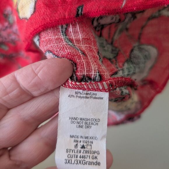 Zenobia Plus Size Linen Short Sleeve Blouse Off Shoulder Bow Red Floral 3X - Picture 7 of 9